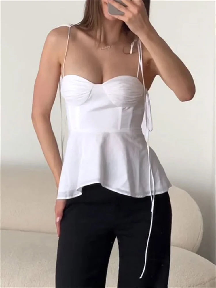 White Smocked Strappy Camisole Women's Sexy Sleeveless Ruffle Slim Bra Solid Color Streetwear Y2k Women's Tops Camisole
