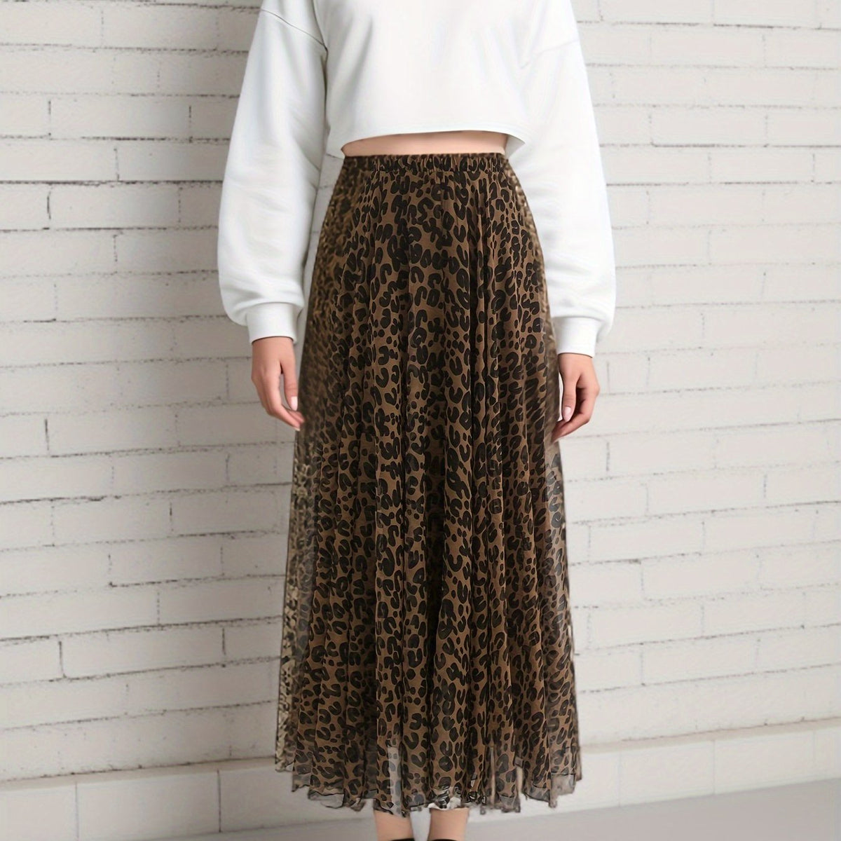 Women's Leopard Print Skirt - 100% Polyester A-Line Midi Skirt with Elastic Waist, Knitted Fabric, Lightweight for Spring/Summer/Fall - Y2K Young Fashion Style