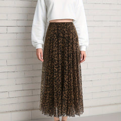 Women's Leopard Print Skirt - 100% Polyester A-Line Midi Skirt with Elastic Waist, Knitted Fabric, Lightweight for Spring/Summer/Fall - Y2K Young Fashion Style