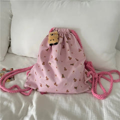 Ingvn  Strap Pocket Drawstring Backpack for Women Casual Cute Pattern Versatile Backpack Canvas Bag Student Backpack