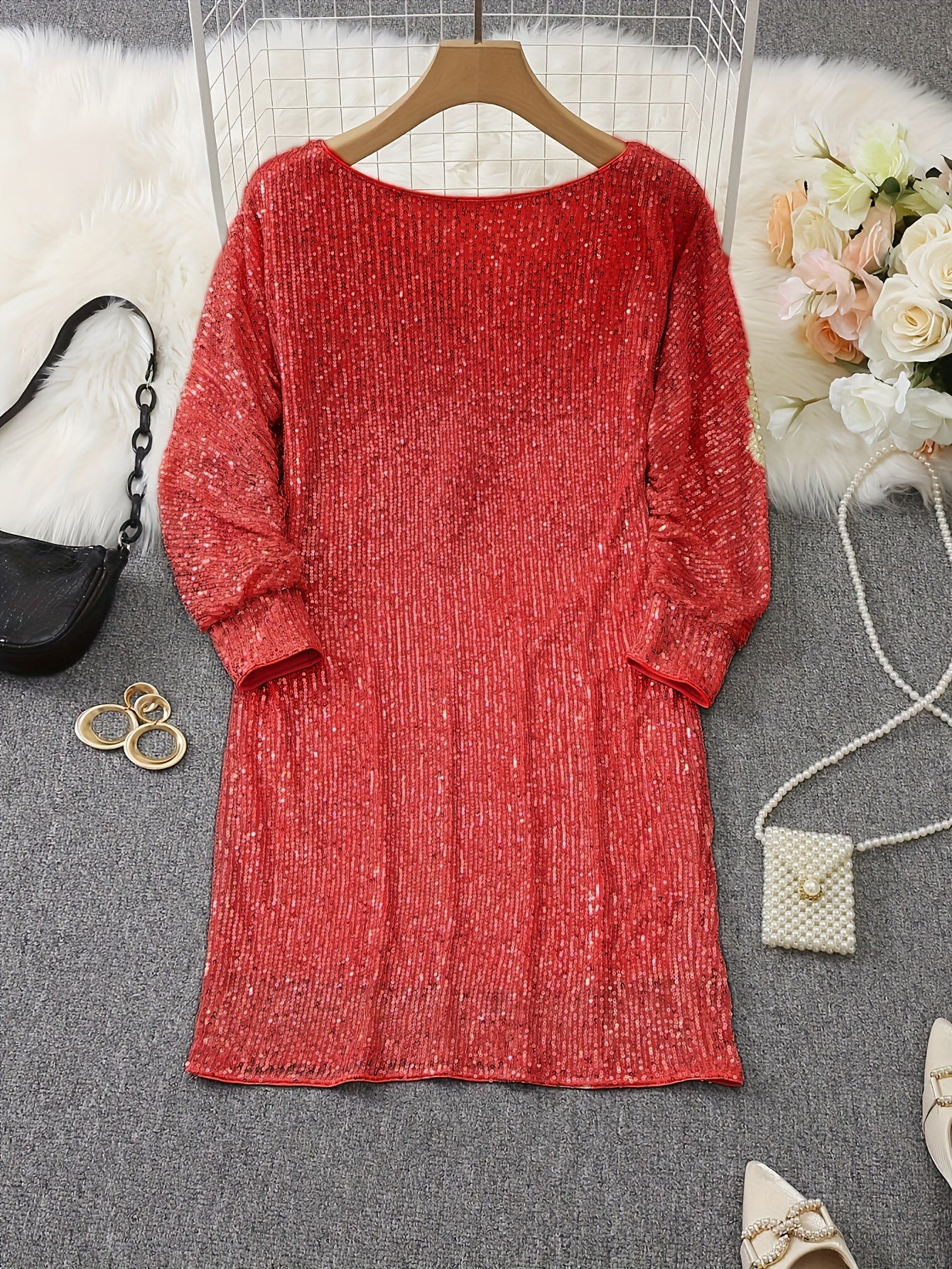 Contrast Sequin Solid Dress, Party Wear V Neck Long Sleeve Dress, Women's Clothing For Party Dressing