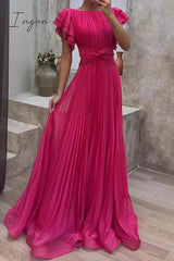 Ingvn - Elegant Solid Fold O Neck Waist Skirt Dresses