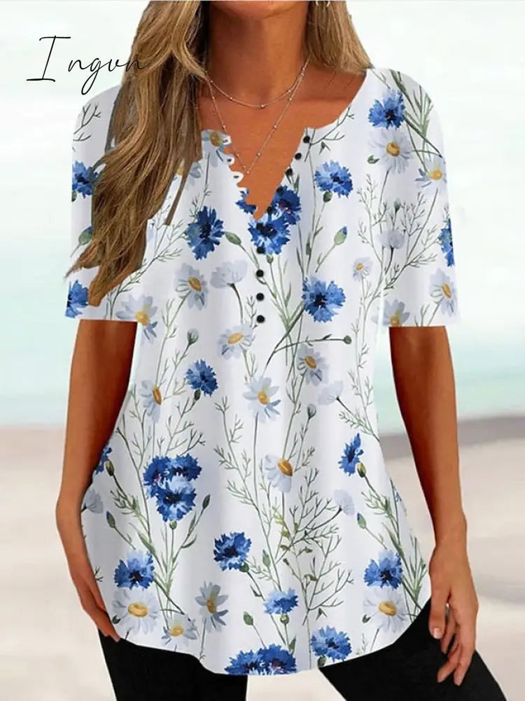 Ingvn - Women's T shirt Tee Grass Green Light Green Red Floral Button Print Short Sleeve Holiday Weekend Tunic Basic Round Neck Regular Floral Painting S
