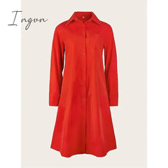 Ingvn - Women's Shirt Dress Casual Dress Shift Dress Midi Dress Outdoor Winter Dress Daily Polyester Elegant Casual Shirt Collar Pocket Rolled Cuff Long Sleeve Summer Winter Fall Spring 2023 Loose Fit Red