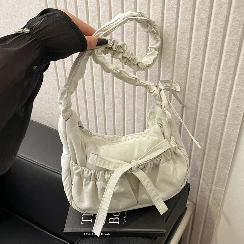 Ingvn  Popular Preppy Style Nylon Bow Hobo Bag Women Cute Pretty Pleated Shoulder Crossbody Bag Drawstring Exquisite Shoulder Bag