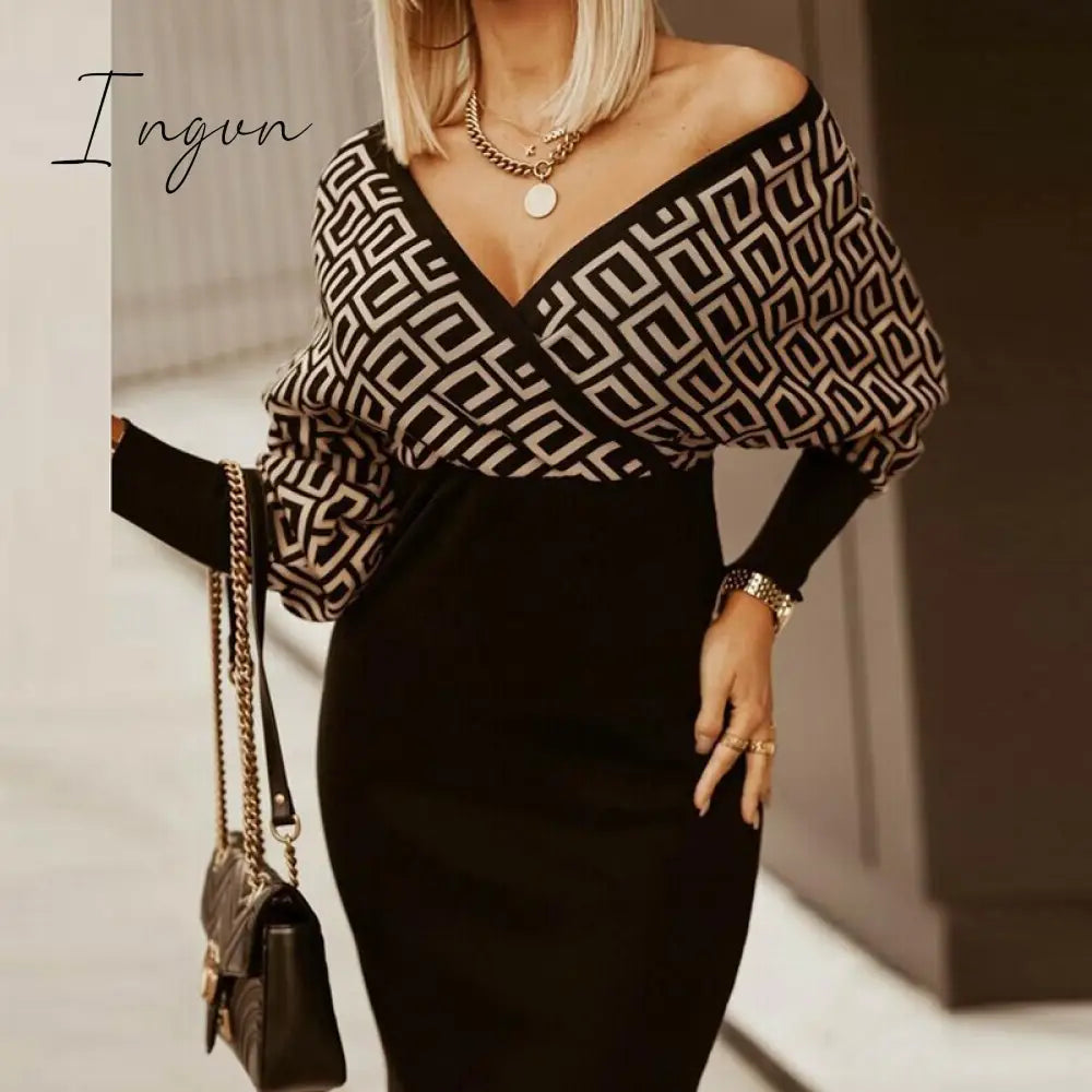 Ingvn - Women Deep V-Neck Striped Plaid Party Dress Long Sleeve Spring Autumn Casual Ladies Hip Dress Skinny Sweet Streetwear Vestidos