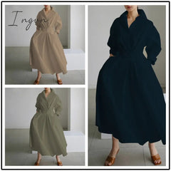 Ingvn - Elegant Women Spring Autumn Sundress Fashion Lapel Neck Long Sleeve Solid Long Shirt Dress OL Vestidos Robe Femme 5XL Long Dress