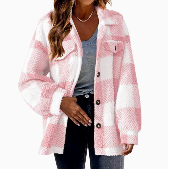 Autumn and Winter Open Button Lapel Plush Plaid Coat Plaid Pattern Button Front Jacket Warm