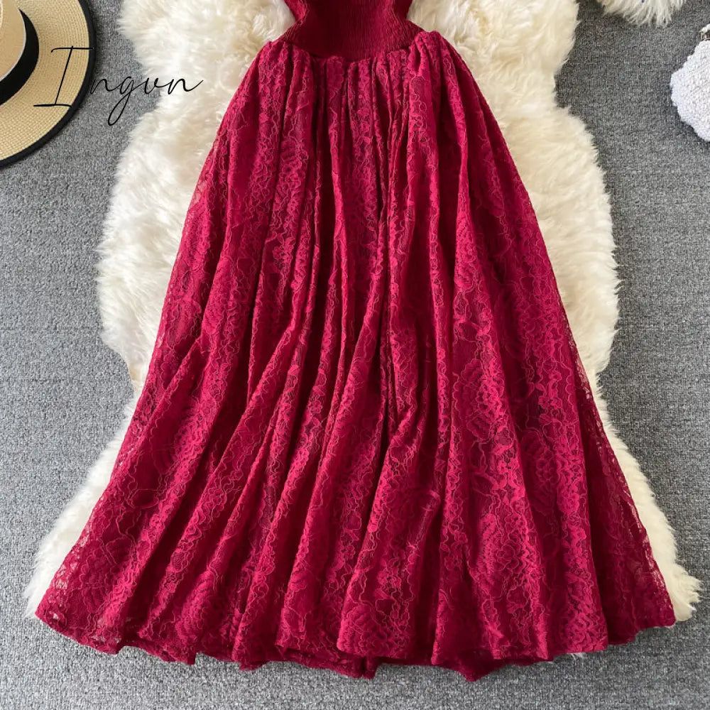 Ingvn - Vintage Purple/Green/Red Lace Midi Dress Women Sweet Round Neck Ruffle Vestidos Female High Waist Slim Robe Spring Autumn