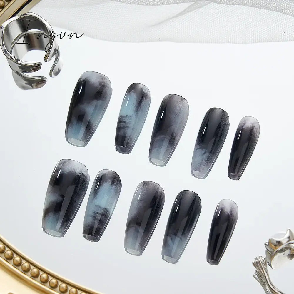 10PCS Chinese Style Fake Nails with Glue Sfumato Ink Long Nails Set Press on Acrylic Stick on False Nails Art