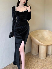 Autumn Sexy Bodycon Evening Party Dress Women Velvet Diamonds Prom Robe Ladies France Vintage Split Mermaid Vestidos Mujer New
