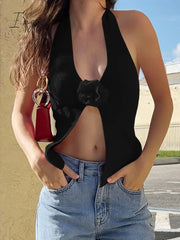 Ingvn - Flower Decoration Sexy Knit Tank Tops Women Summer New Halter V Neck Sleeveless Backless Sexy Party Club Crop Tops