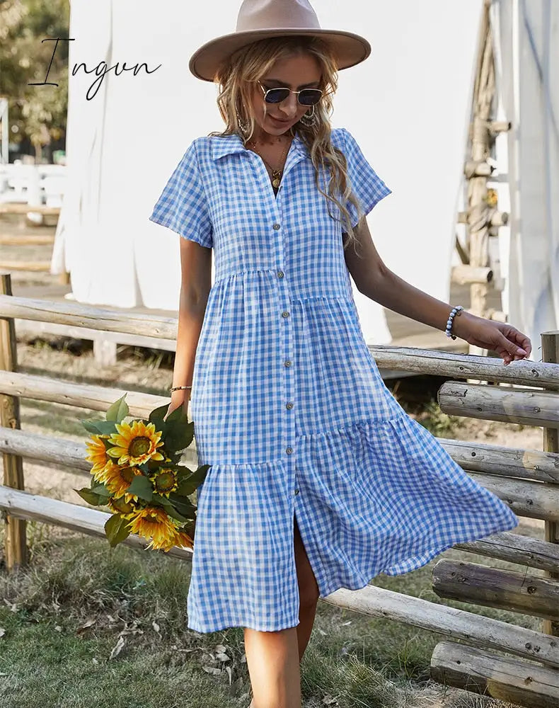Ingvn - New Ladies Vintage Boho Summer Dress Women Midi Casual Loose Holiday Plaid Beach Shirt Dress Women Sundress Female Robe Vestidos