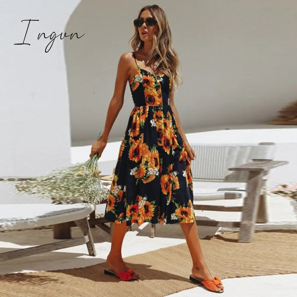 Ingvn - Vintage Casual Sundress Female Beach Dress Midi Button Backless Polka Dot Striped Women Dress Summer Boho Sexy Floral Dress