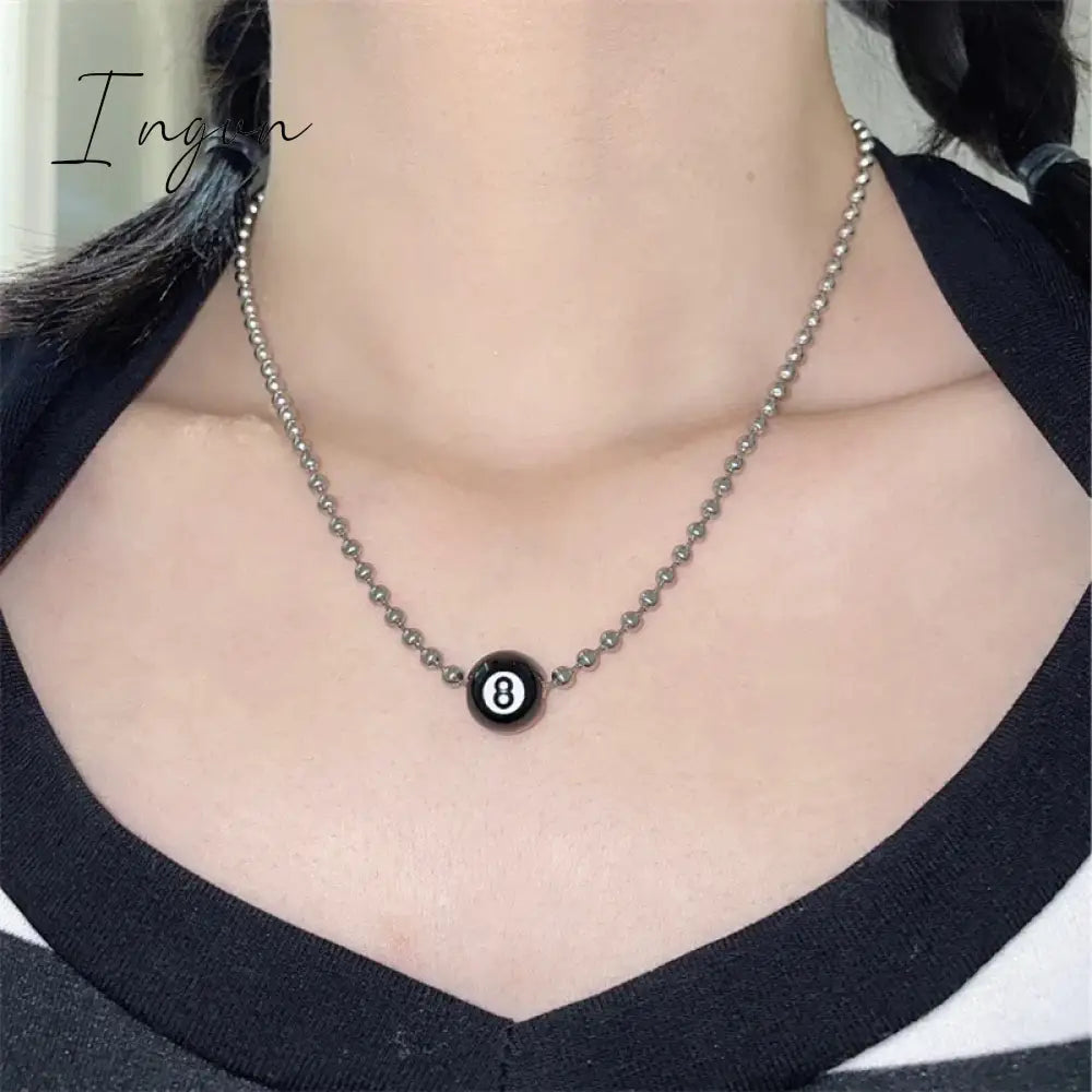 Creative Black 8 Billiard Pendant Beads Necklace For Women Men Hip Pop Punk Unusual Titanium Steel Neck Chains Fashion Jewelry
