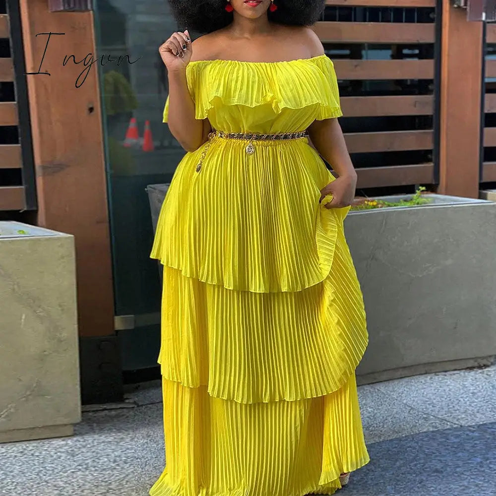 Ingvn - yellow off shoulder ruffles pleated dress plus size women casual beach holiday slash neck layered summer long maxi dresses