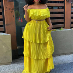 Ingvn - yellow off shoulder ruffles pleated dress plus size women casual beach holiday slash neck layered summer long maxi dresses