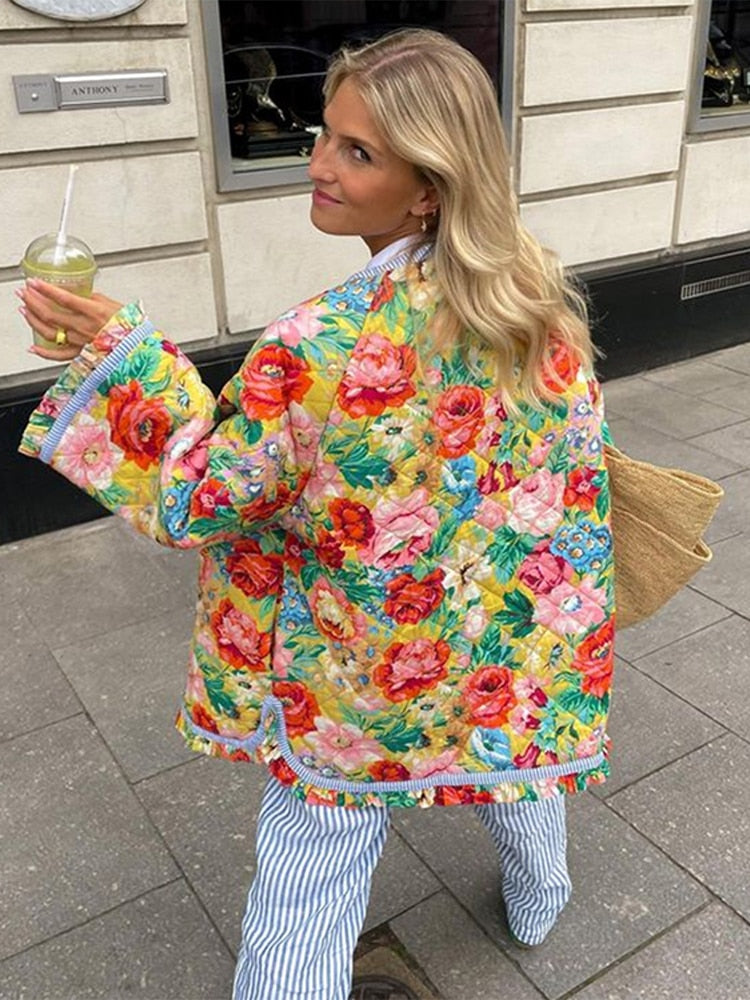 Vintage Print Thick Cotton Jacket Women Loose Flare Sleeve Autumn Winter Jacket Female Fashion O-Neck Ladies Outwear New