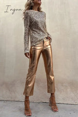 Ingvn - Sinclair Metallic Faux Leather High Rise Pocketed Straight Pants