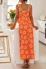 Ingvn - Sexy Floral Frenulum Slit Square Collar Sleeveless Two Pieces