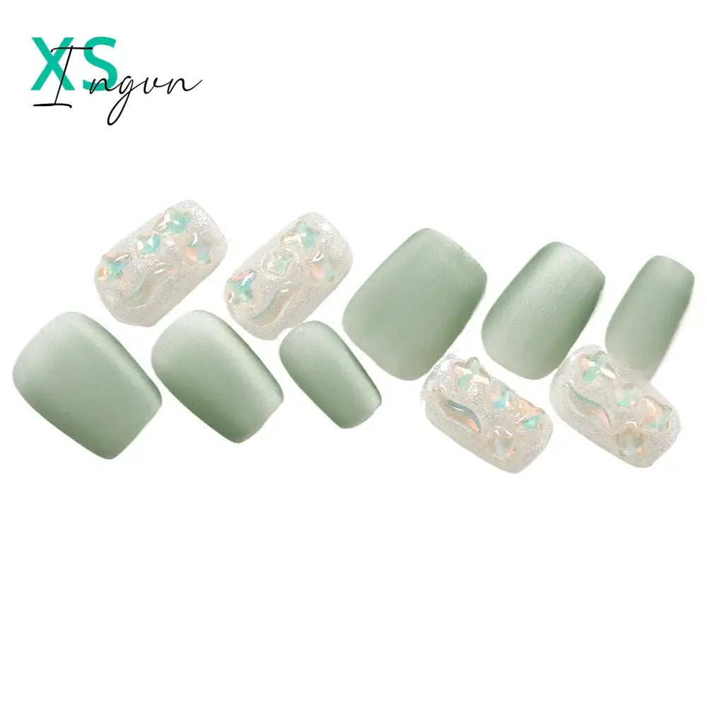 Frosted Mint Green Handmade Nails Spring Cat Eye Short Nails Press on Full Cover Acrylic Nails Art Stick on Tips Accessories