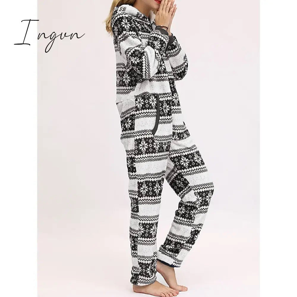 Ingvn - Women's Pajamas Jumpsuit Elk Snowflake Warm Fashion Casual Home Christmas Daily Polyester Breathable Hoodie Long Sleeve Pocket Fall Winter Black White