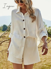 Ingvn - 2023 Summer Beach Casual Button White Women's Sets Cotton Linen Two Pieces Sets Long Sleeve Shirt and Shorts Women Set Outfits