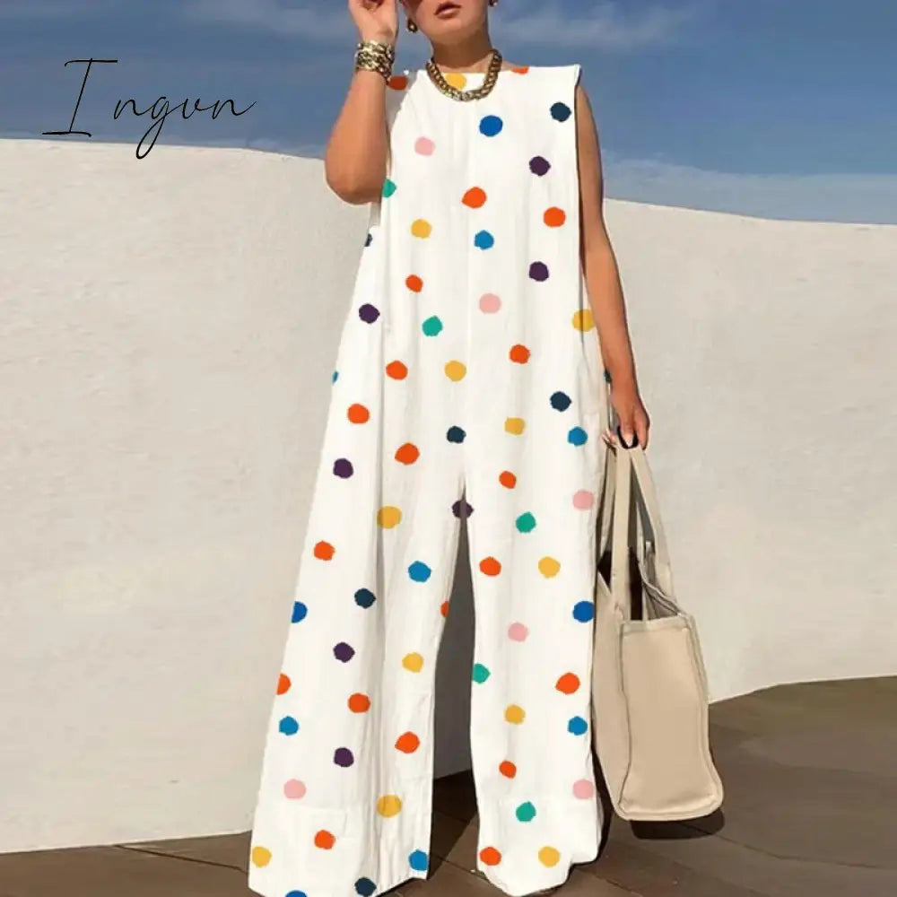 Ingvn - Summer Women Casual O-Neck Sleeveless Tank Playsuits Fashion Pattern Print Wide Leg Jumpsuit Office Lady Loose One Piece Rompers