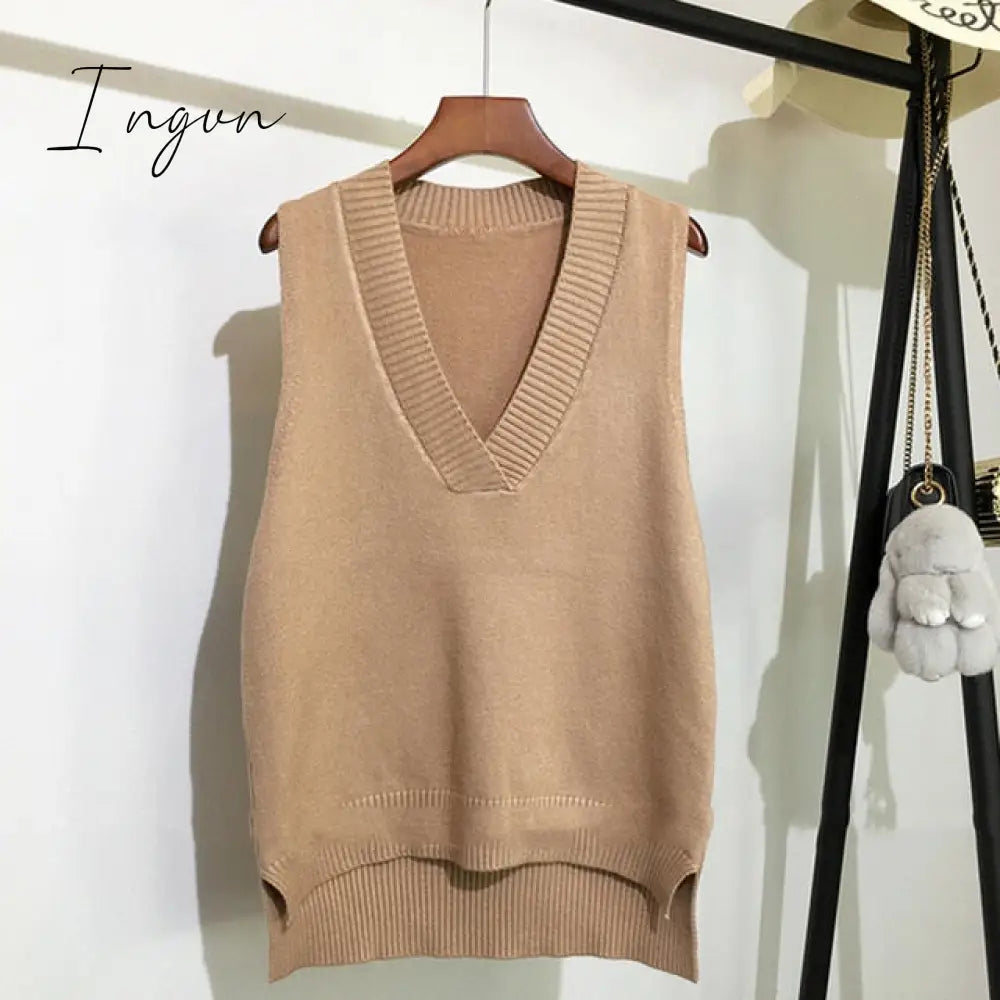Ingvn - V-neck knitted Vest Women's Sweater Autumn And Winter New Korean Loose Wild Pink Sweater Vest Women Sleeveless Sweater 11810