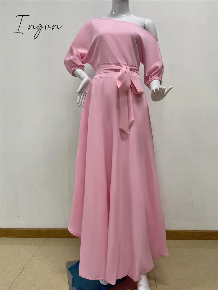 Ingvn - Women Dress Bare Shoulder Waist Belt Long A Line Pleated Orange Casual Fashion Female Ladies Elegant New Autumn Summer Robes