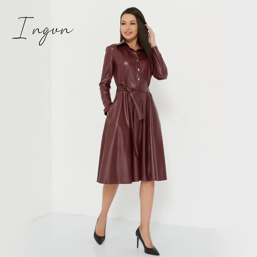 Ingvn - Winter Casual Sashes Pu Leather A-Line Dresses Women Turn-down Collar Long Sleeve Solid Color Knee Dress Office Lady Wear