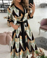 Ingvn - Spring and summer fashion plus size ruched dress long-sleeved V-neck print bag hip dress women's clothing dress for women