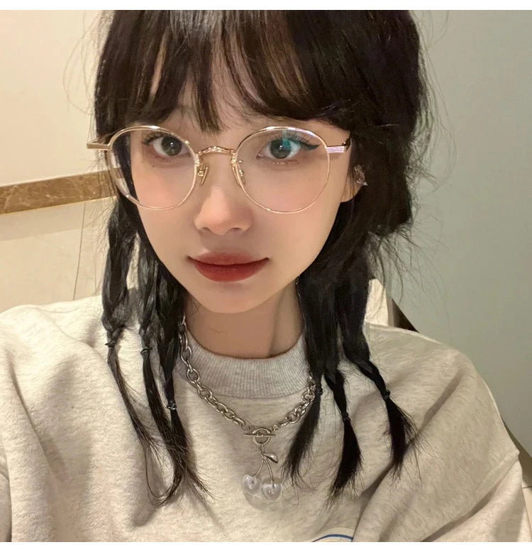 INGVN  Korean Retro Alloy Glasses Frame Girl Ins No Makeup Plain Glasses Men Light Eyewear Cute Decorative Computer Glasses