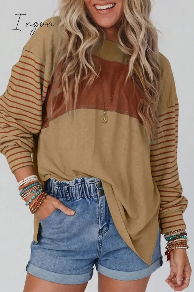 Ingvn - Casual Color Block Contrast O Neck Tops