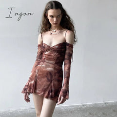 Ingvn - European-American Women's Clothing 2023 Summer Sexy One-Shoulder Flare Sleeve Print Waist Show Thin Sling Dress