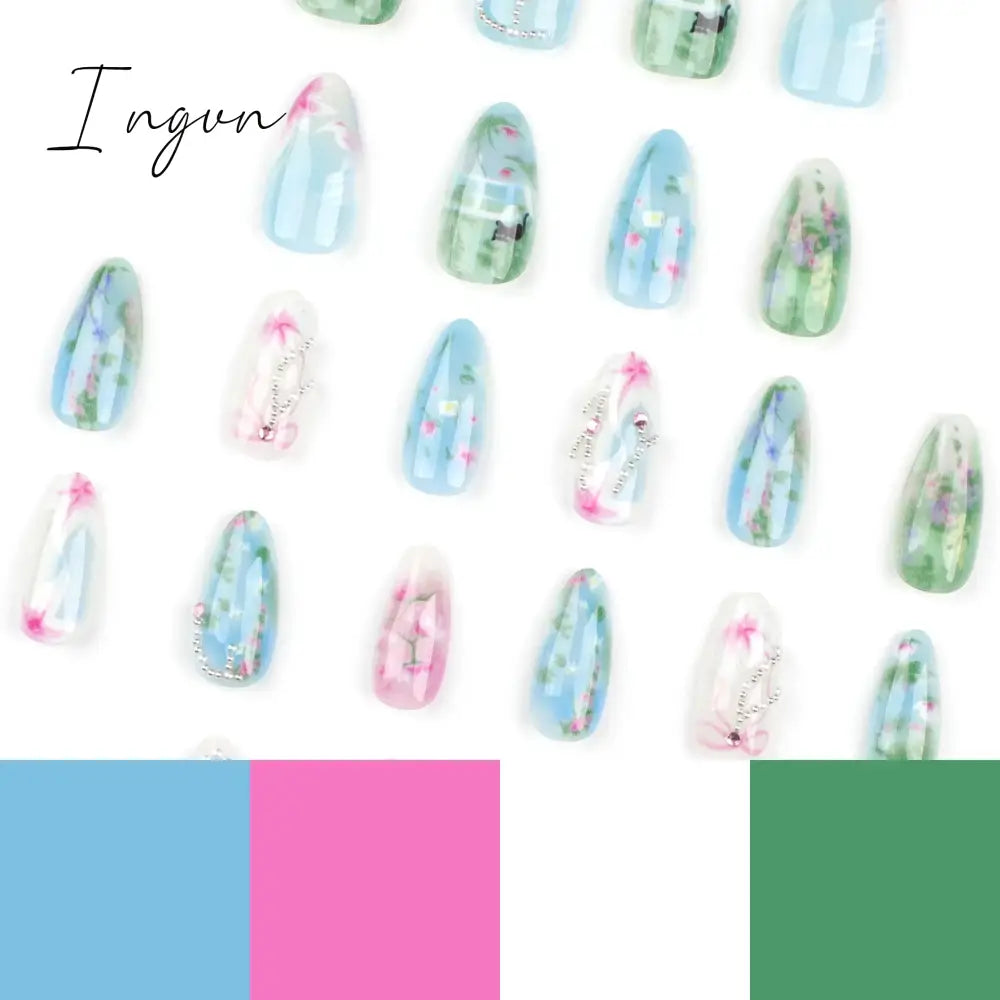 24pcs Long Almond Y2k Nails Press On Nails Pastoral Style False Nails With Designs Wearable Colorful Flowers Fake Nails Finished