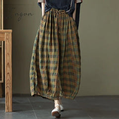 Ingvn - 2023 Summer New Plaid Printing Oversize Lantern Pants Women Elastic Waist Pockets Cotton Hemp Contrast Color Wide Leg Trousers