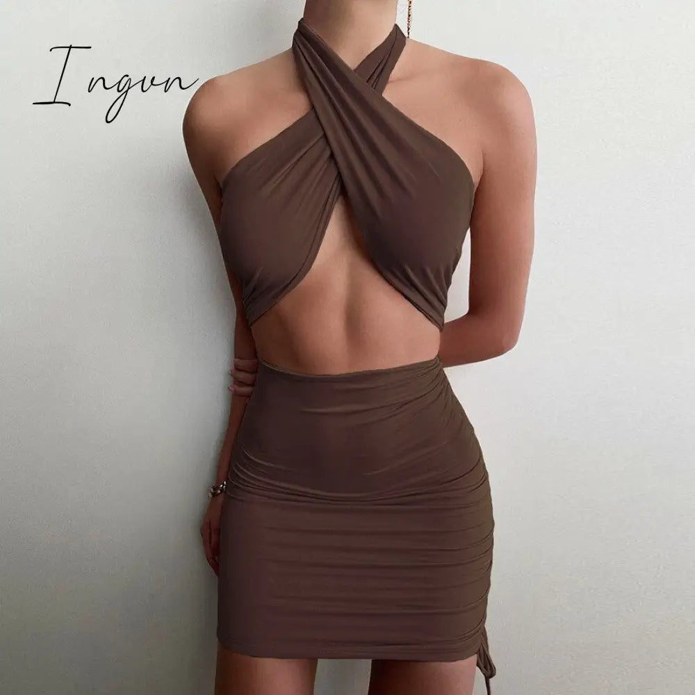 Ingvn - New Summer Sexy Women's Coffee Color Cross Hanging Neck Sleeveless Tight Mini Dress