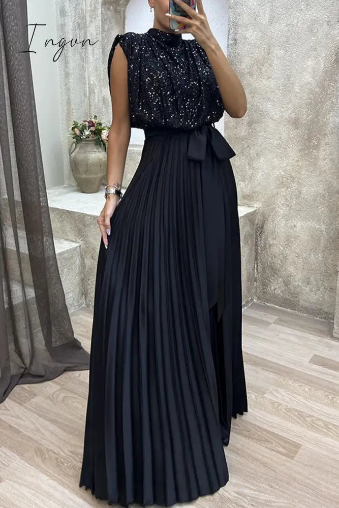 Ingvn - Elegant Solid Sequins Frenulum Fold Half A Turtleneck Evening Dress Dresses
