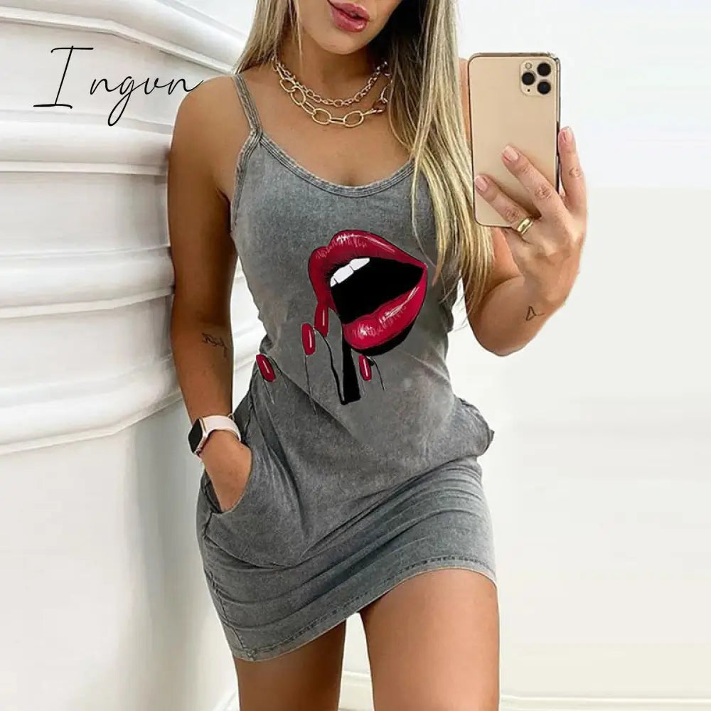 Ingvn - Sexy Sleeveless Letter Pattern Print Summer Dress Elegant Straps O Neck Backless Party Dress Women Casual Pocket Mini Dress 3XL