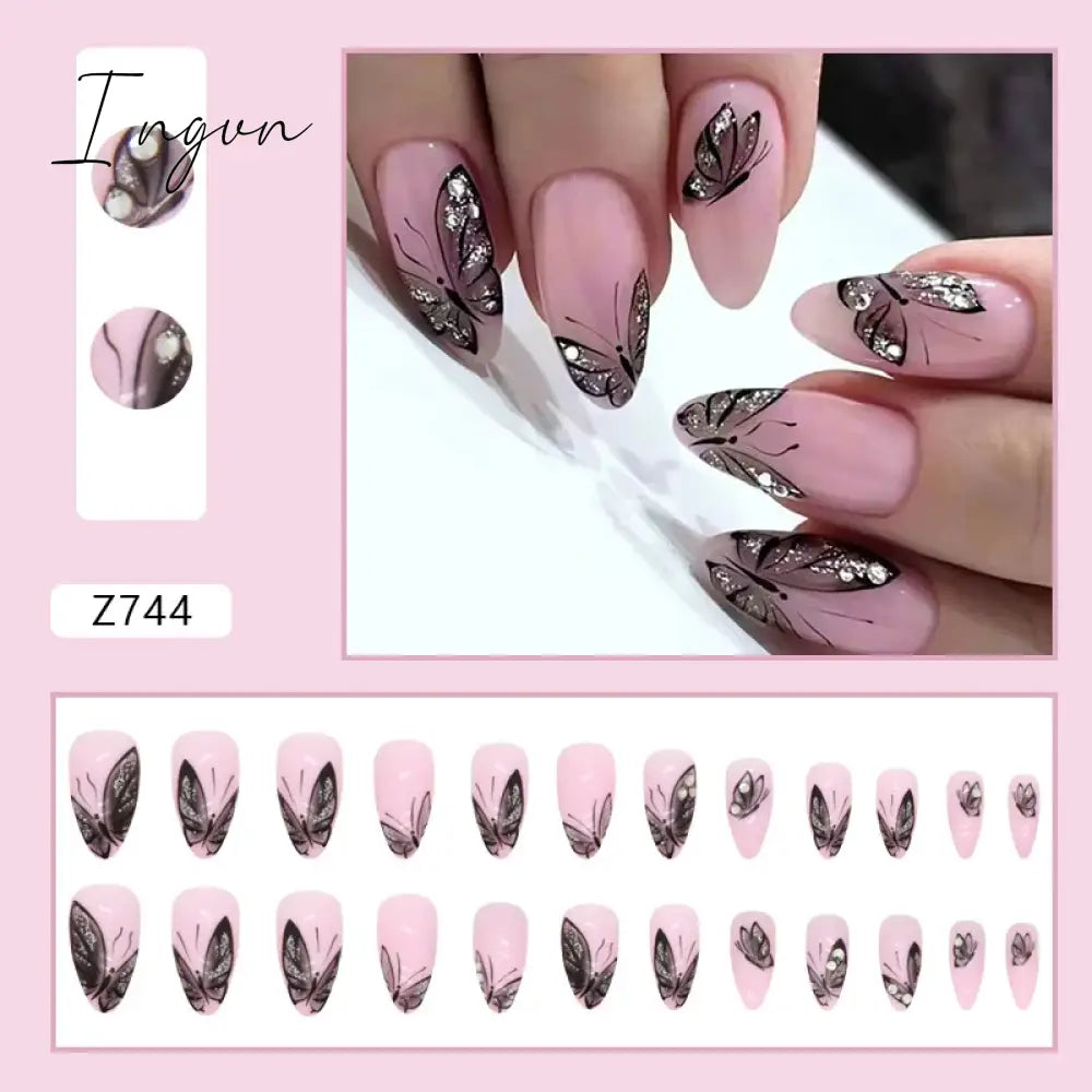 24pcs/Box Gradient Nail Art Patches False Nails Short Square Nail Blue Starry Glitter Teardrop Diamond Fake Nail Tips