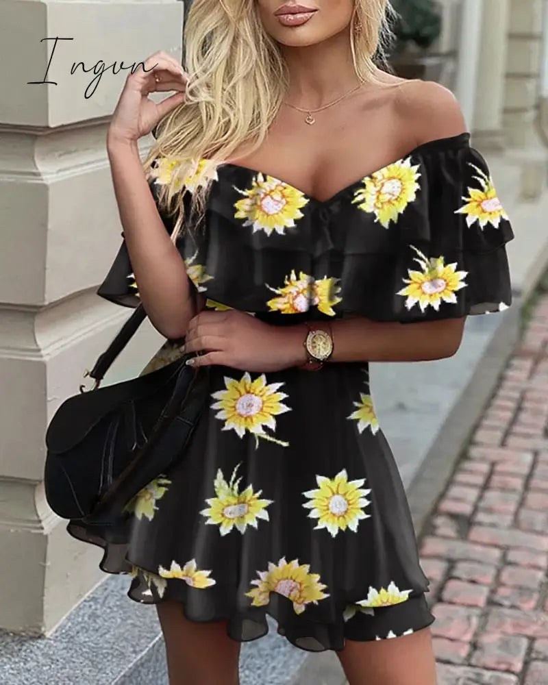 Ingvn - Elegant Off Shoulder Ruffle Fit Flare Dress Women Solid Casual Dress Summer Dress Mini Elegant Dress