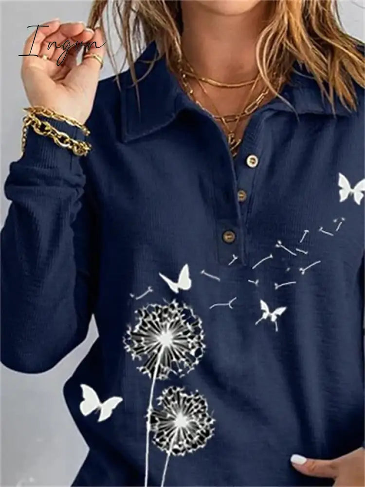 Ingvn - Women's Sweatshirt Pullover Basic Button Navy Blue Butterfly Dandelion Casual V Neck Long Sleeve Top Micro-elastic Spring &  Fall