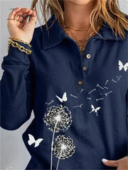 Ingvn - Women's Sweatshirt Pullover Basic Button Navy Blue Butterfly Dandelion Casual V Neck Long Sleeve Top Micro-elastic Spring &  Fall