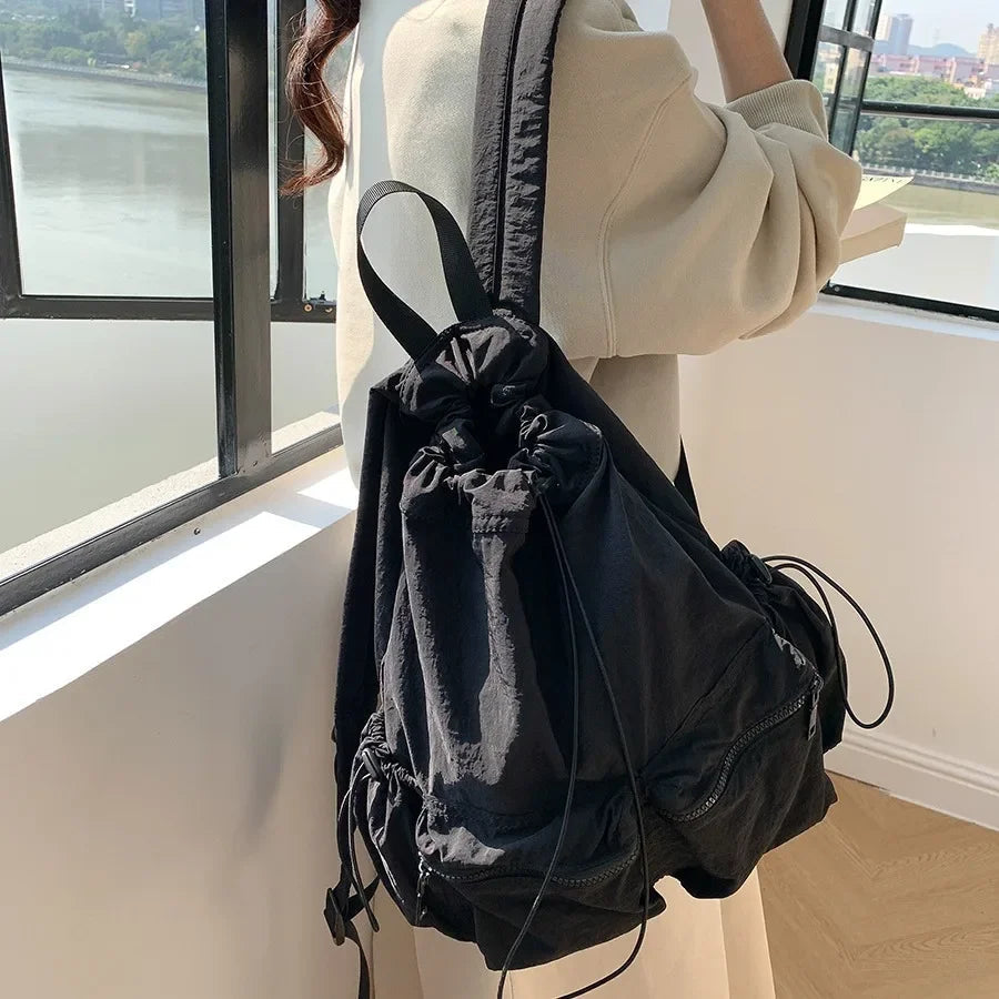 Ingvn  Light Drawstring Pocket Women Backpack Nylon School Laptop Girls Backpack Causal Korean Style Travel Backpacks for Women Bag