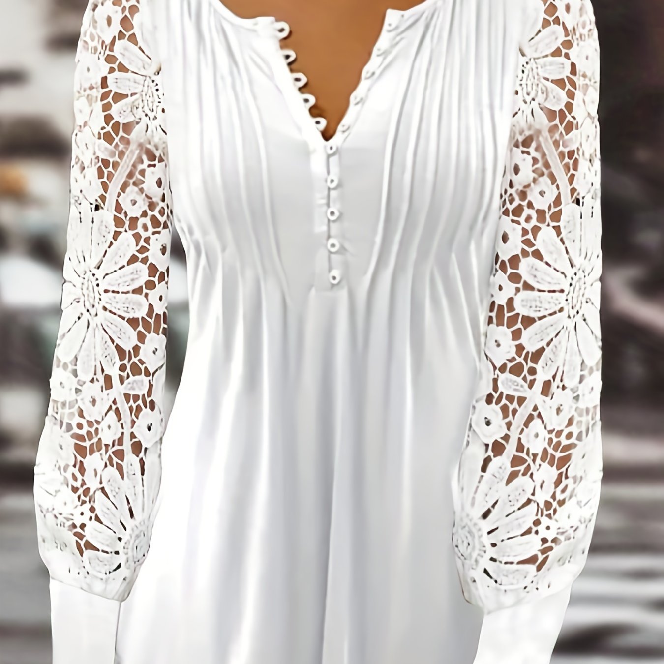 Vibrant Lace Accent Pleated Front Long Sleeve T-Shirt - Chic Button V Neck, Casual Everyday Wear, Soft Fabric, Flattering Fit, Women's Stylish Clothing for Daily Life