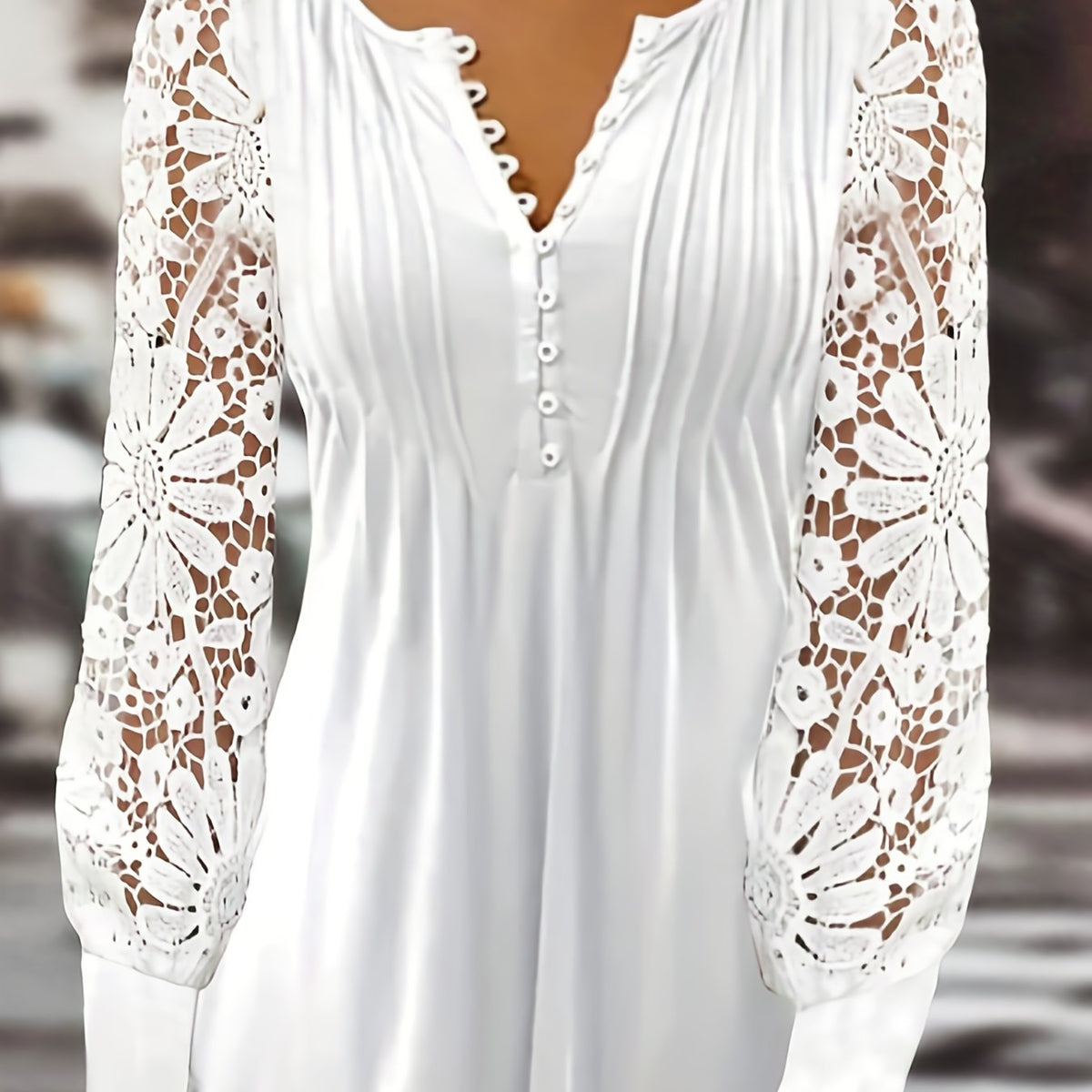 Vibrant Lace Accent Pleated Front Long Sleeve T-Shirt - Chic Button V Neck, Casual Everyday Wear, Soft Fabric, Flattering Fit, Women's Stylish Clothing for Daily Life