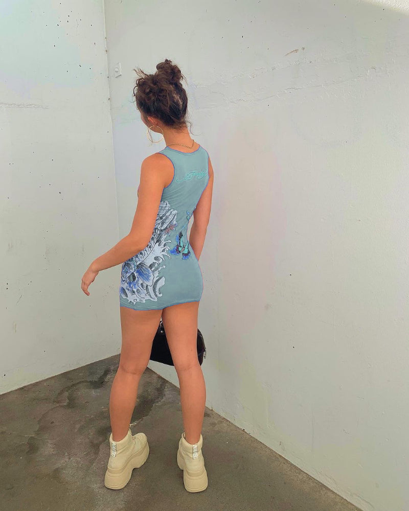 Bold Shade Street Style Women Summer Dress Indie Casual Fashion Graphic Printing  Mini Dresses Sleeveless Bodycon Clothes