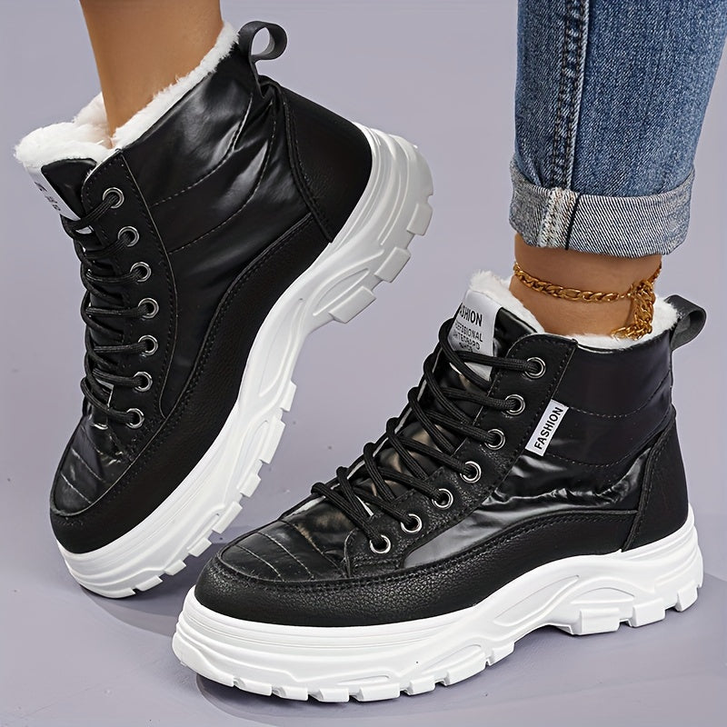 Women'S Winter Thickened Snow Boots High Top Platform Ankle Boots with Warm Fleece Lining, Solid Color, Round Toe, Low Heel, Fabric Insole, Polyurethane PU, Rubber Sole, Hand Washable