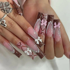 24pcs French rhinstones artifical nails with glue full cover false nails detachable coffin fake nail bling press on nails